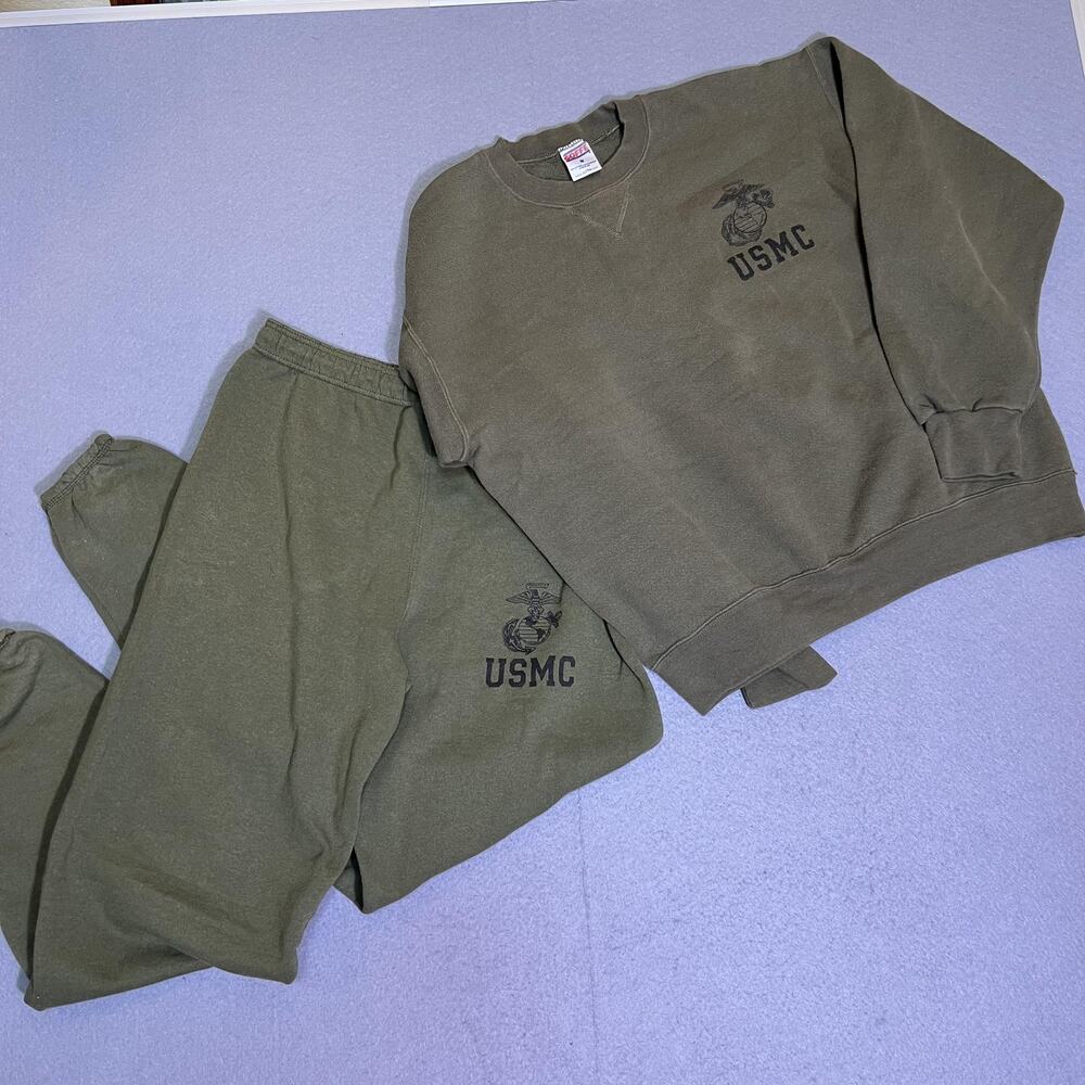 Soffe USMC Sweatsuit Mens Medium Green Fleece Sweatshirt Pants Military USA